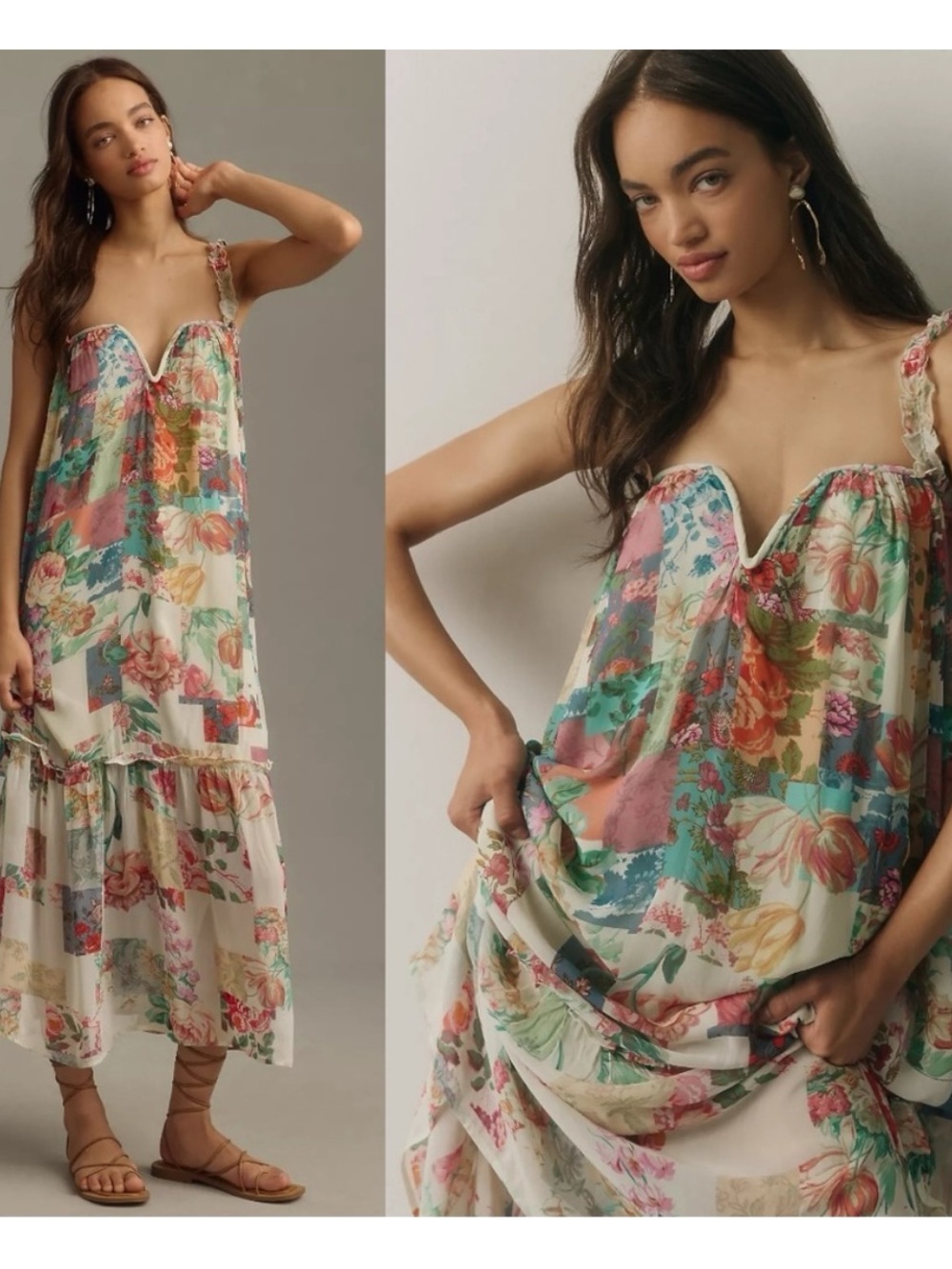 Anthropologie Bohemian Floral Patchwork Chiffon Shift Midi Dress Size Medium New